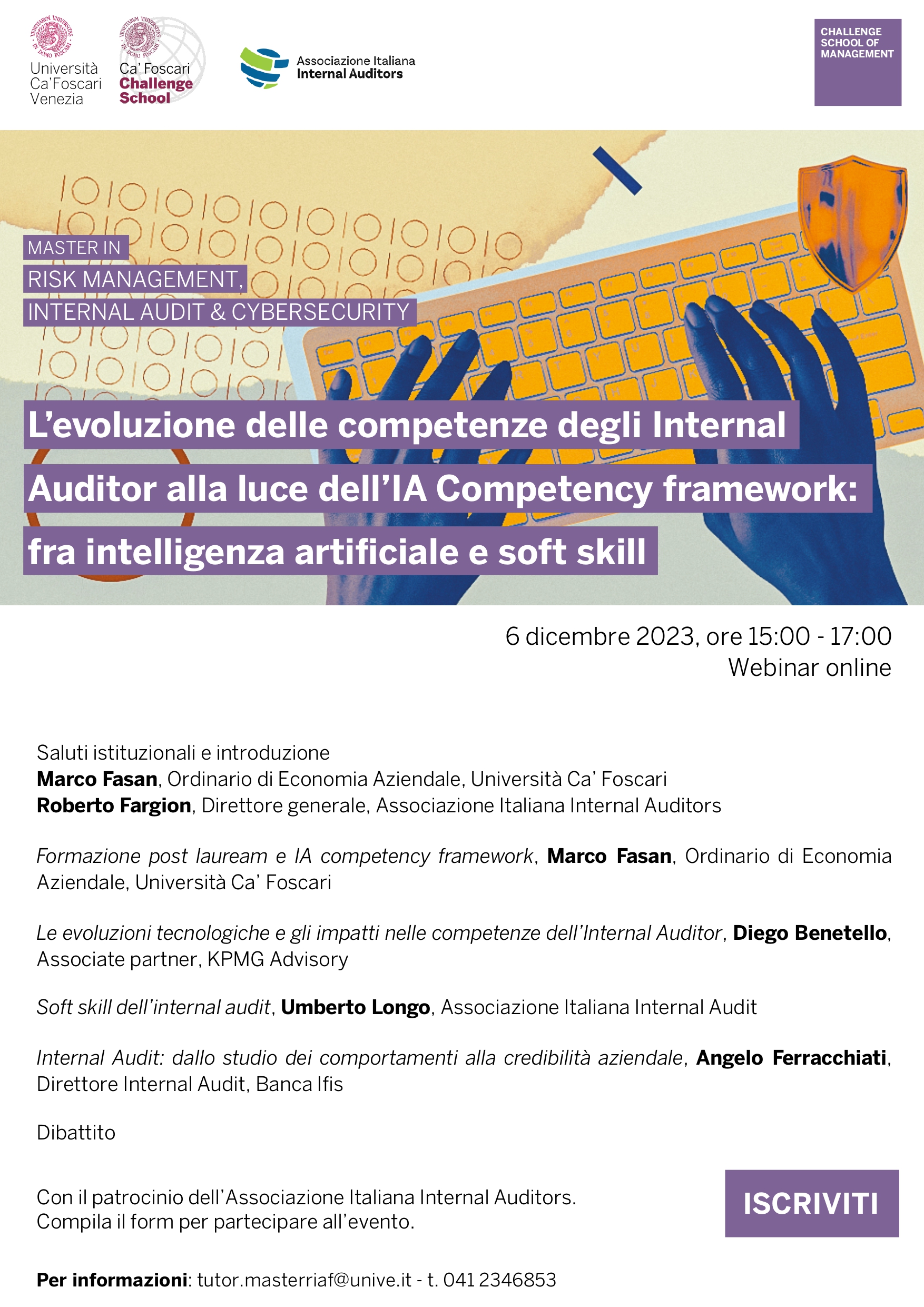 Locandina Webinar "L’evoluzione delle competenze degli Internal Auditor alla luce dell’IA Competency framework: fra intelligenza artificiale e soft skill"