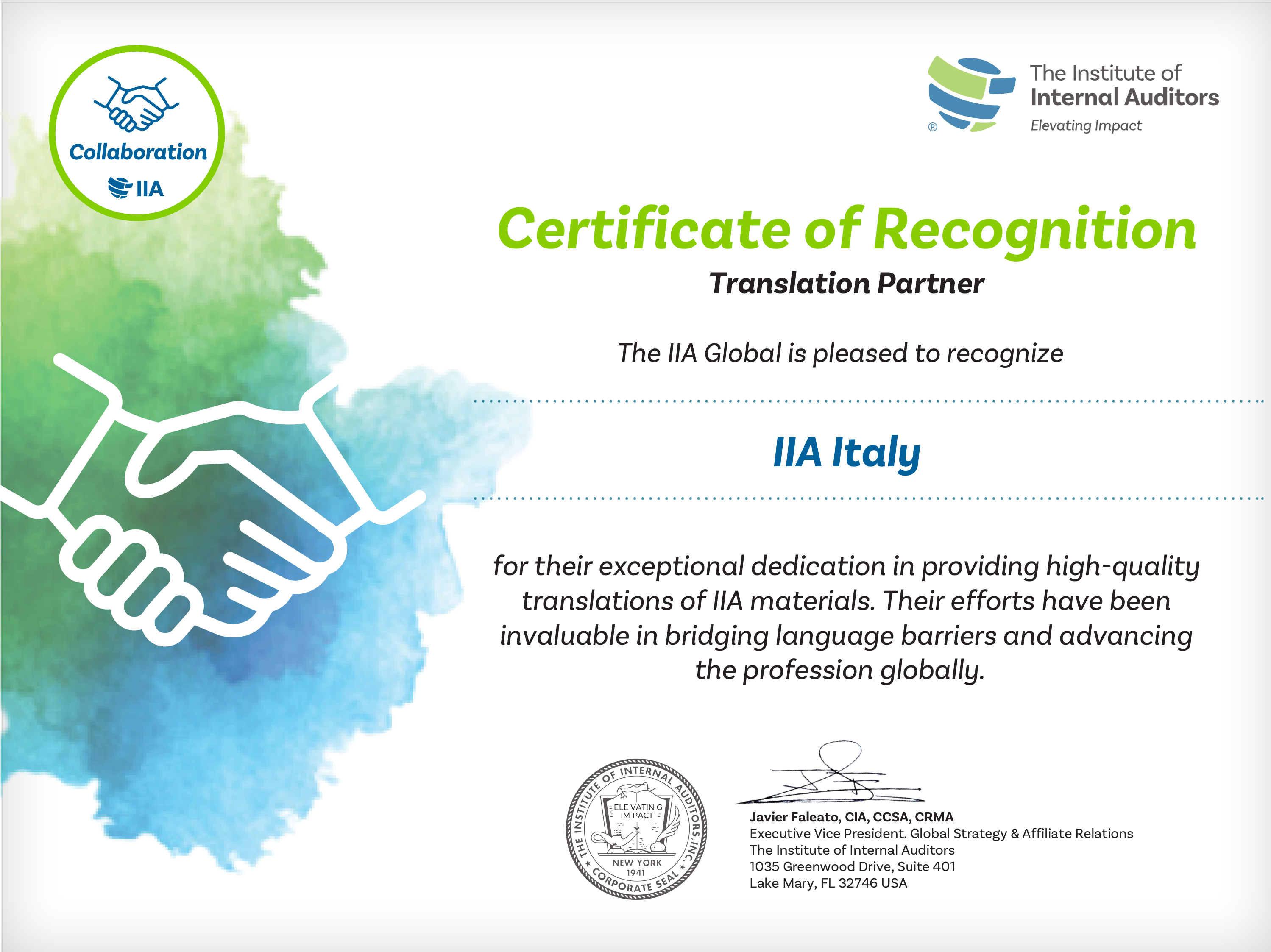 Translation Partner Certificate of Recognition